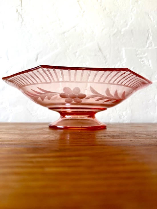 Depression Glass Other - Vintage Depression Glass Pink Etched Glass Pedestal Compote Fruit Bowl